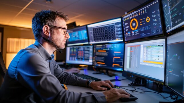 Security Analyst Configuring Cloud Storage on Multiple Monitors in High-Tech Control Room