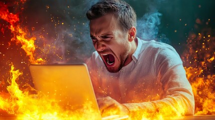 A man screaming at a laptop engulfed in flames, representing intense frustration and anger, symbolizing technical difficulties or online anger.