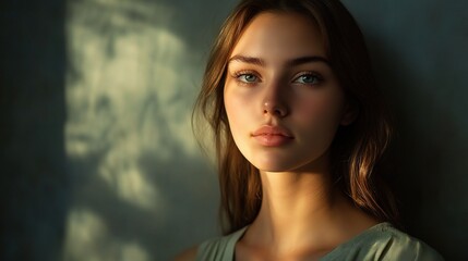 Obraz premium Sunlight on Skin: A young woman with captivating blue eyes and natural beauty bathed in the warm glow of sunlight. 