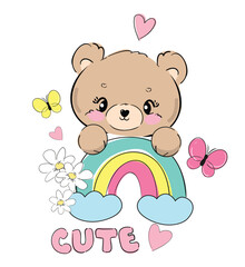 Teddy bear and rainbow vector hand drawn illustration, cute print design for kids 