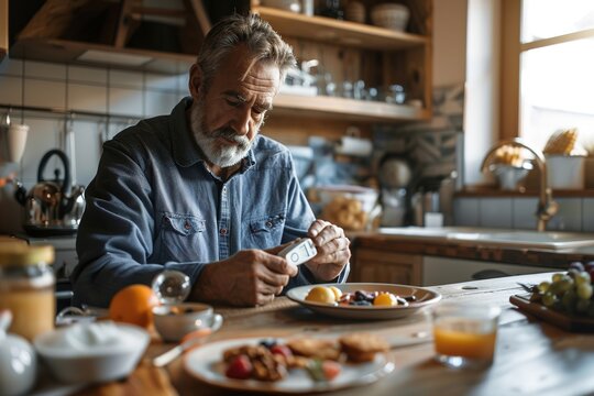 Senior man checking blood sugar level at breakfast table - Powered by Adobe