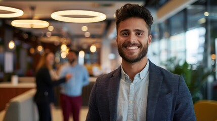 A professional stands with a welcoming smile in a modern office space characterized by contemporary decor, highlighting a friendly and engaging work environment.