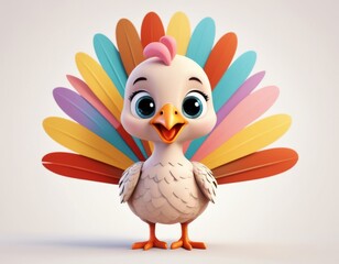 Cute colored turkey in 3d cartoon character on white background Isolated Farm animal for kids Storybook Generative AI