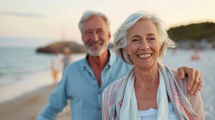 An elderly couple smiles as they walk along a scenic beach during sunset, creating a heartwarming scene of togetherness, happiness, and the beauty of lifelong companionship.