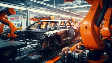 Fototapeta premium Industrial Robot Arms Assemble welding of car body. Electric Car Manufacturing Inside Automotive Smart Factory. Row of red and orange Robotic Arms at Automated Production Line at Bright Modern Factory