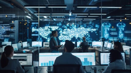 Business Team Analyzing Data on Multiple Screens in Modern Office for Project Planning