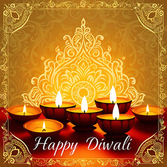 Naklejka premium happy diwali background with burning candles, dark and blurred background