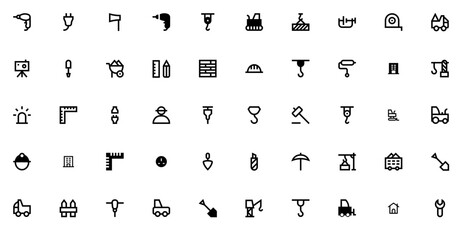 Set Of Construction R Pixel Prefectlineglyphs Icons Silhouette Vector Logo Design Containing Building,Crane,Tools,Construction,Machinery Stroke Icon Collection. Vector Illustration