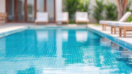 Inviting Summer Escape with Blurred Pool and Loungers, a serene oasis featuring a shimmering pool surrounded by comfortable seating, perfect for relaxation and leisure.