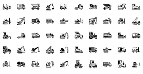 Set Of Construction Vehicles Solid Isolated Silhouette Solid Icons With Truck,Vehicle,Transport,Construction,Transportation Business Infographic Elements Logo Vector Illustration
