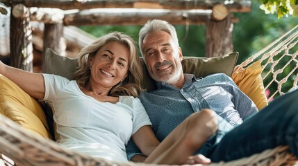 Fototapeta premium A mature couple is relaxing in an outdoor hammock, smiling and enjoying their time together, surrounded by trees and greenery in a peaceful and natural environment.