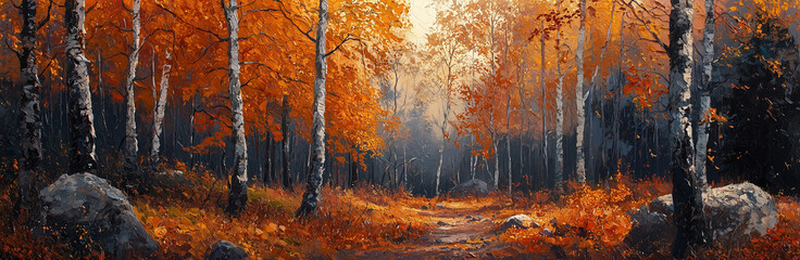 Breathtaking Autumn Forest Scene with Golden Leaves and Misty Atmosphere - Vibrant Landscape Oil Painting Ideal for Seasonal Wall Art