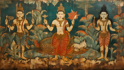 Fototapeta premium Vishnu - art, painting, sculpture, figures, traditional, god, deities, worship, ancient, culture, heritage, spirituality, religious, temple, mythology, mural