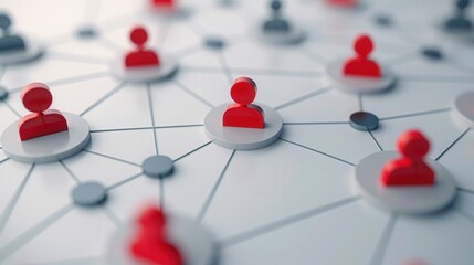 Interconnected user icons in red and gray on a white backdrop, symbolizing a vibrant digital community and social web engagement.