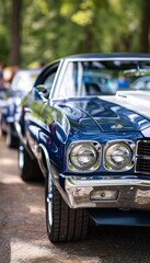 Vintage Blue Muscle Car at Classic Car Show with Chrome Accents and Autumn Leaves