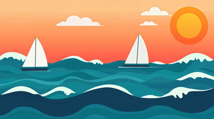 Sailing Adventure, a vibrant flat design illustration showcasing colorful boats gliding over dynamic ocean waves under a bright, clear sky, evoking a sense of freedom and exploration.