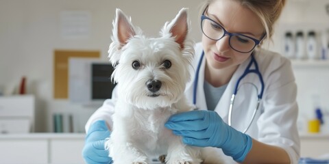 A compassionate and skilled veterinarian providing assistance to a small dog in a professional clinic environment, ensuring the pet receives the best possible care and treatment available