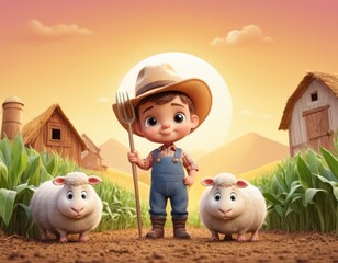 A young boy farmer with sheep against a sunset floor background and two farm buildings For children book Generative AI