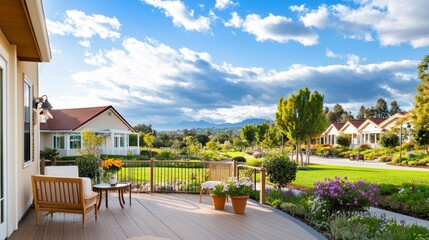Obraz premium A beautiful backyard view with flowers, greenery, and a cozy seating area under a bright sky, perfect for relaxation.