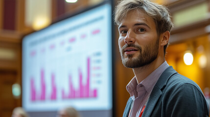 Employees presenting their project findings at a conference, with a large screen displaying their data and statistics