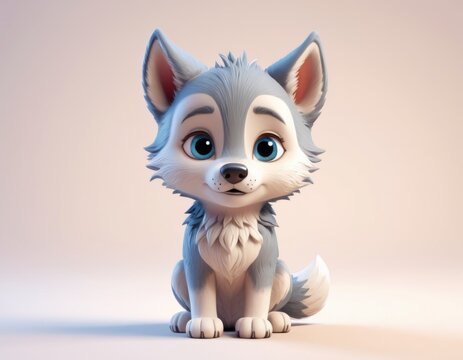 Cute 3d cartoon grey wolf isolated on a pink background for children's books and avatars Generative AI