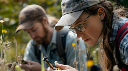 Fototapeta premium A series of close-up portraits of researchers in the field, with tools and samples in hand, documenting the natural world.