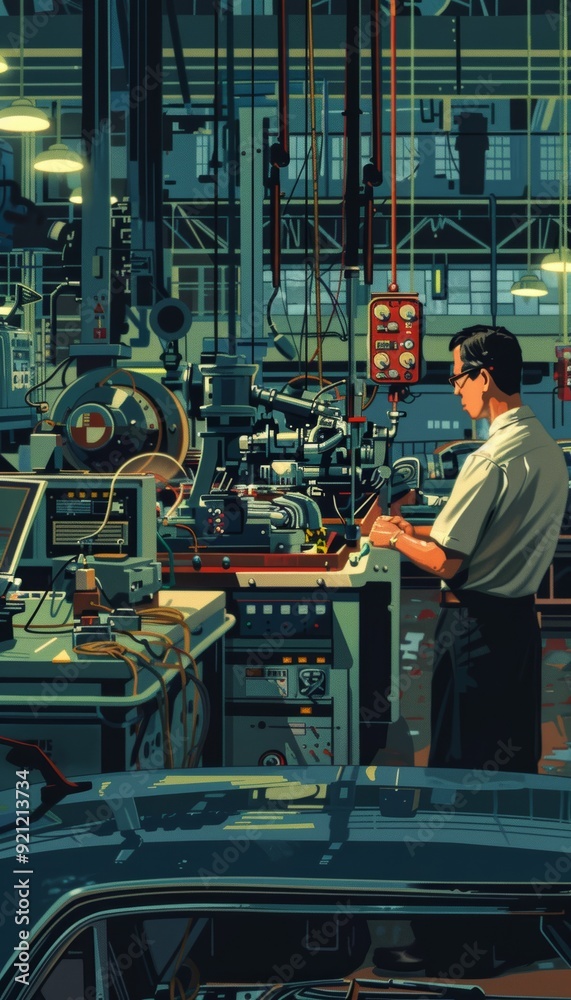 Wall mural automobile engineer adjusting settings on control panel in car factory assembly line