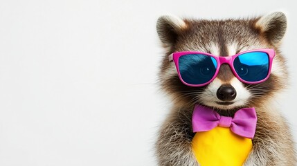 Fototapeta premium A raccoon wearing sunglasses and a pink bow tie. The raccoon is smiling and holding a yellow object