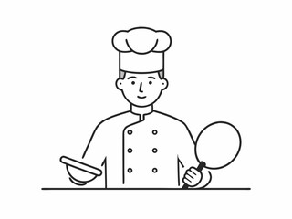 continuous single line drawing of chef with frying pan and spatula, line art vector illustration
