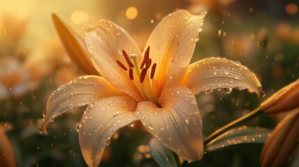 A close up of a pink flower with dew drops on it