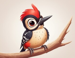Cute woodpecker on a branch 3d rendering cartoon character for baby Nursery kids room children's room prints decor of Forest bird Generative AI 