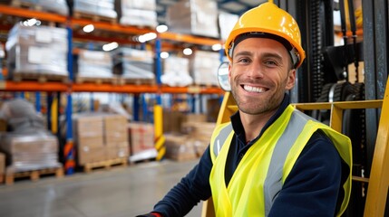 A confident warehouse worker smiles while sitting in a forklift, surrounded by stacks of boxes and shelves in a busy industrial warehouse environment, showcasing his diligence and pride.