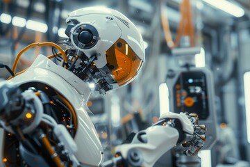 Fototapeta premium Engineer Operating Robotic Exoskeleton in Futuristic Automobile Factory Assembly Line