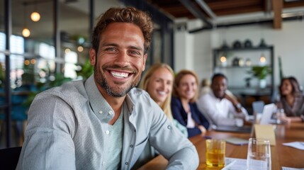 A happy man with curly hair is seated at a table in a meeting room, smiling at the camera, with colleagues visible in the background, depicting a positive work environment.