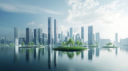 Fototapeta premium Digital city skyline with floating parks and AI-maintained infrastructures