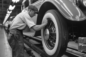 Engineer Inspecting Car Wheel Alignment in Busy Automobile Factory Assembly Line