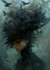 woman hat birds flying vibes fractal hair swirling fluid smokey enigma clouds looks talented kafka