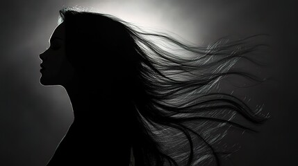 Windswept Silhouette: A woman's profile, hair flowing in the wind, creates a striking silhouette against a bright background. 
