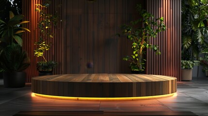 Fototapeta premium A wooden podium with integrated lighting, enhancing visibility and focus for speakers during evening events.