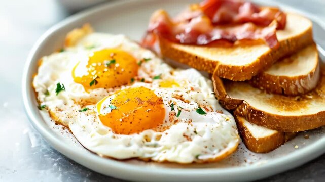 A plate with fried eggs, toast and bacon