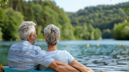 Fototapeta premium An elderly couple seated by a serene lake, embracing and enjoying the lush green surrounding and tranquil view, reflecting love, companionship, and peace in nature’s splendor.