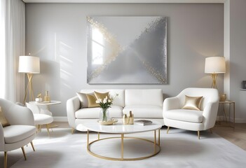 silver glitter effect wall in a modern living room White and gold theme interior modern minimalism photo realism 