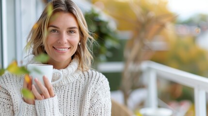 Fototapeta premium A smiling woman in a white sweater holding a hot drink while sitting on a porch surrounded by soft autumn colors and a serene outdoor ambiance.