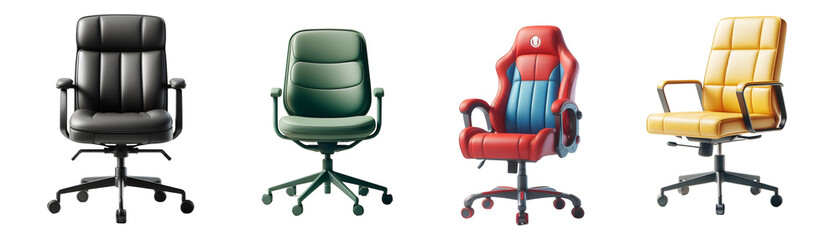 3d leather office chairs in different colours set isolated on transparent background. Generative AI