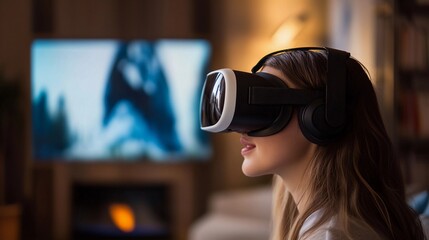 girl in virtual reality glasses at home