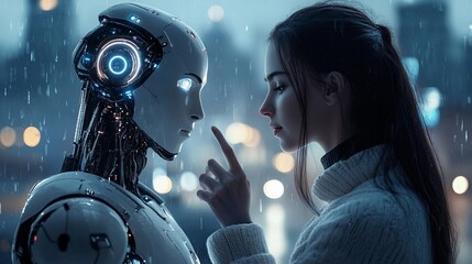 woman with robot in the rain