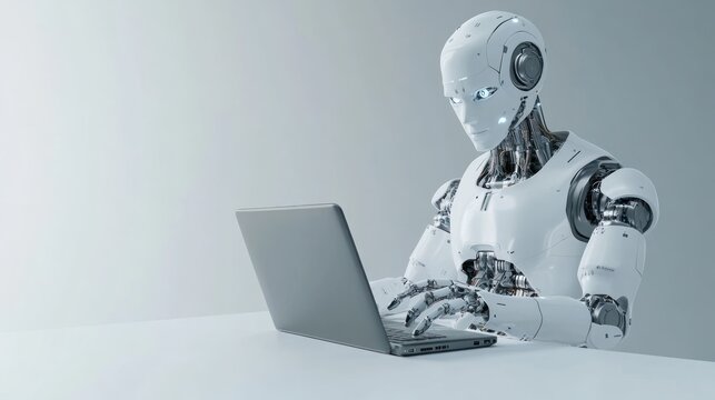 A robot is sitting at a desk and using a laptop