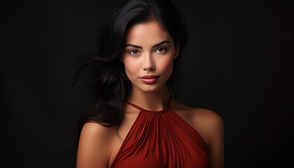 Naklejka premium studio portrait of brunette woman wearing a red dress on black background 