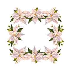 Obraz premium White poinsettia frame. Christmas interior flower. Watercolor illustration for holiday card, poster, announcement. For background design, banner