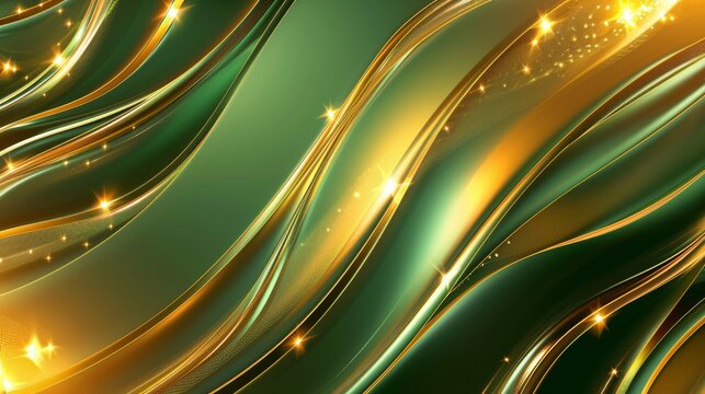Eye-Catching Green and Gold Backdrop with Undulating Wave Patterns and Bright Light Flashes for Custom Banner - Powered by Adobe